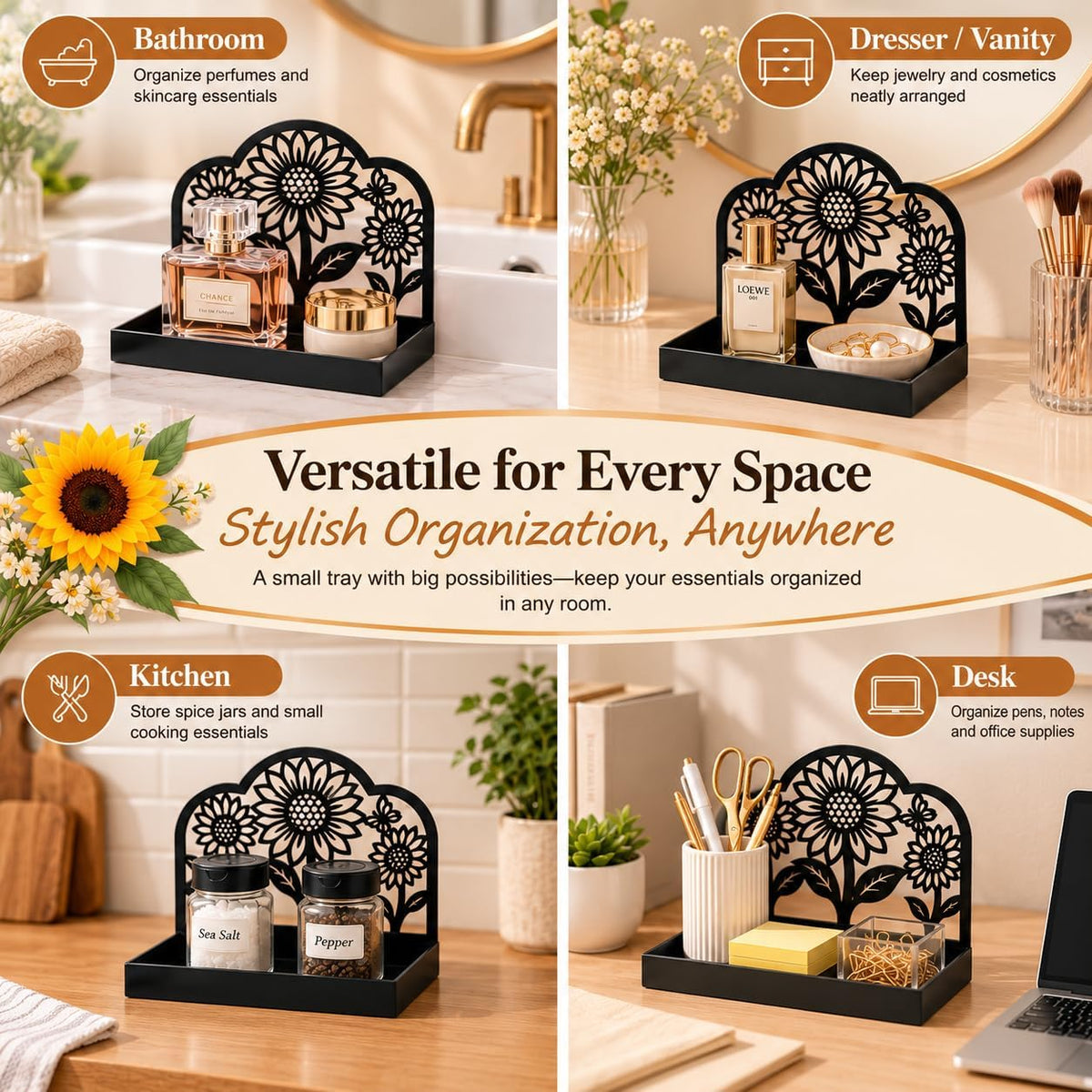 Sunflower Vanity Tray for Bathroom Countertop, Metal, 9" x 3.1", Black