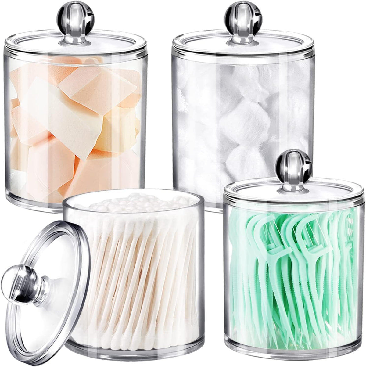 SheeChung 4 Pack Clear Acrylic Qtip Holder with Lids for Bathroom