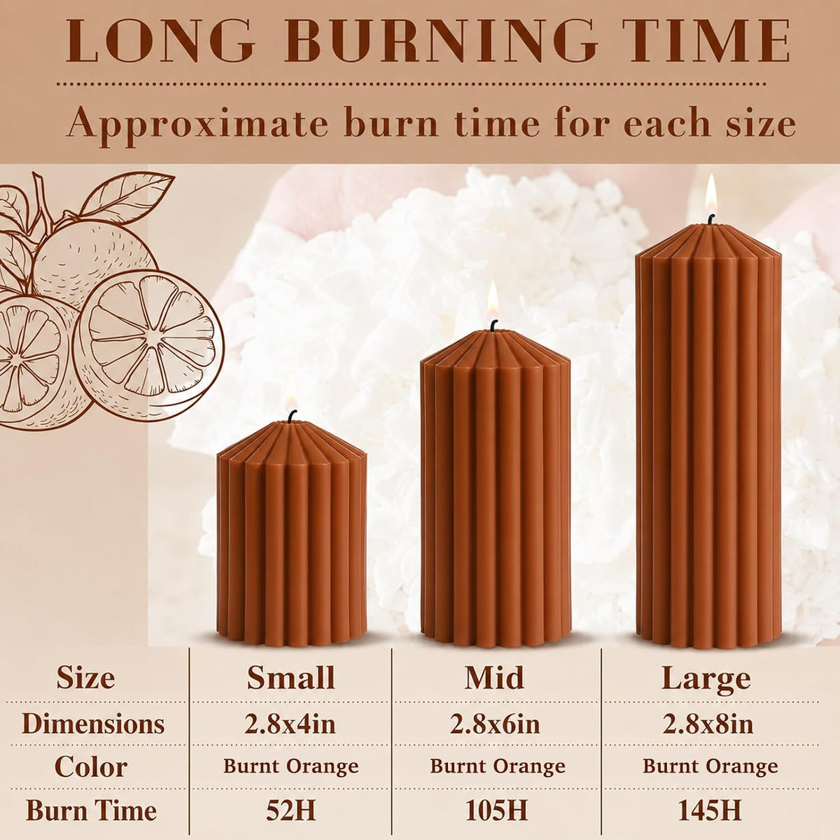 Ribbed Decorative Pillar Candles, 3 Pack,2.8 x 4/6/8 Inch, Burnt Orange