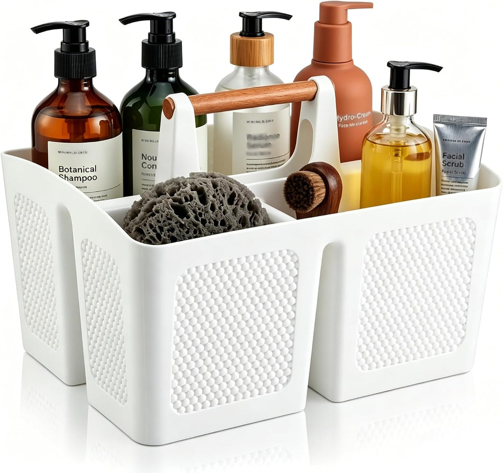 Haundry Plastic White Shower Caddy Basket with 3 Compartments, Portable Divided Bathroom Cleaning Caddy Organizer Storage Tote with Handle for Dorm, College, Room Essentials