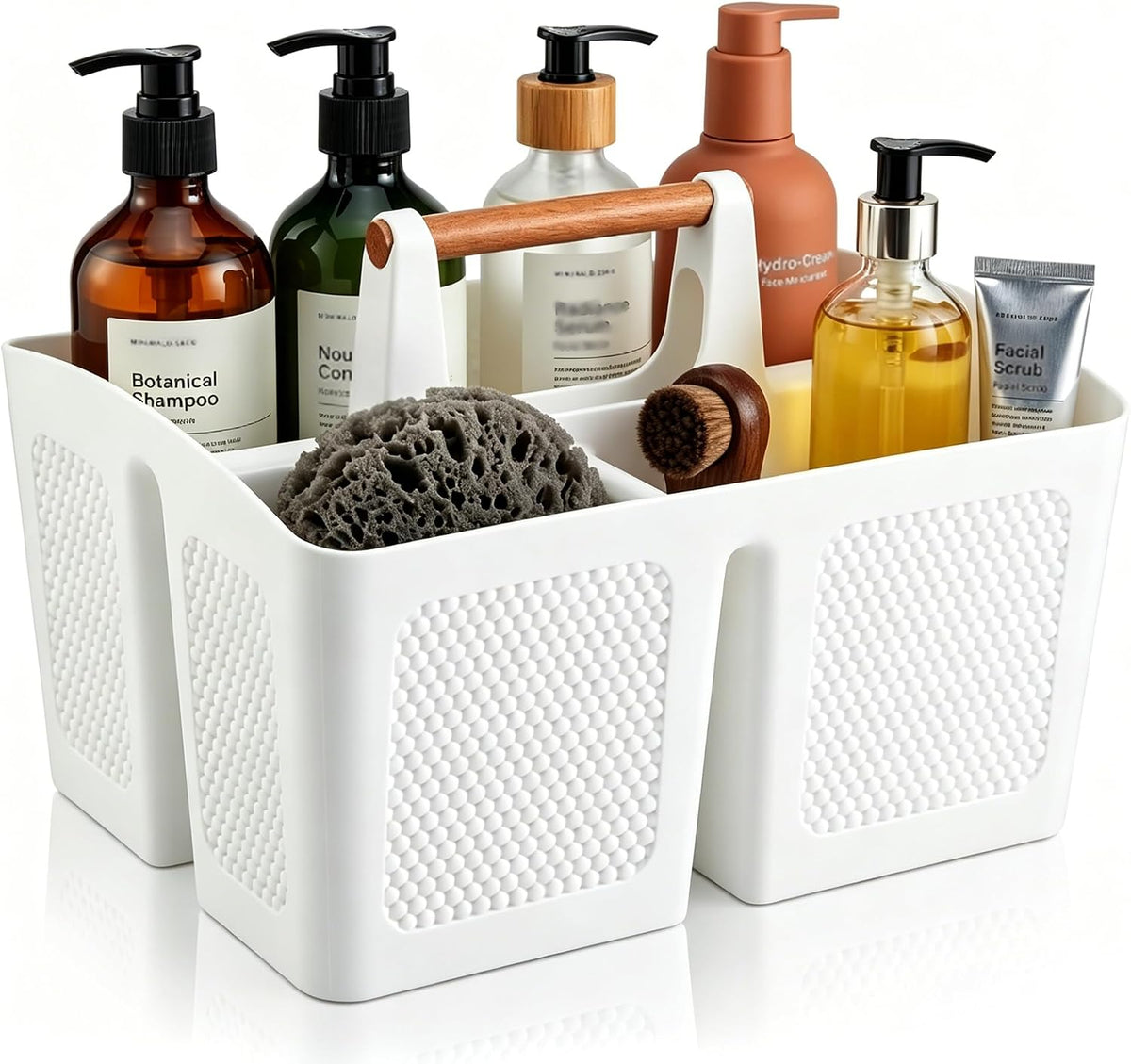 Haundry Plastic White Shower Caddy Basket with 3 Compartments, Portable Divided Bathroom Cleaning Caddy Organizer Storage Tote with Handle for Dorm, College, Room Essentials