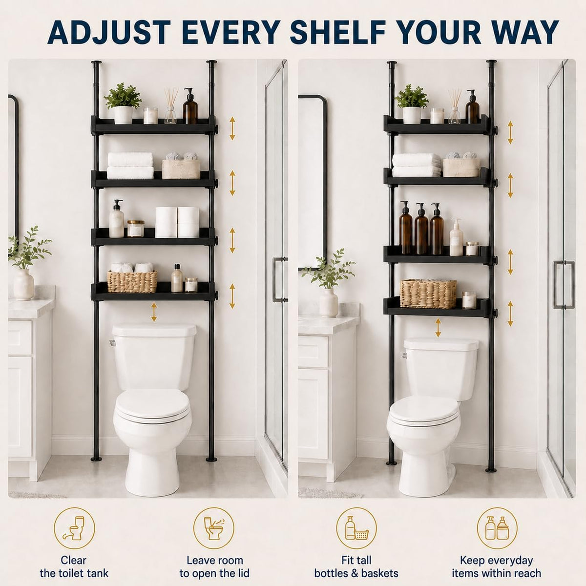 ALLZONE Tension Over The Toilet Storage Cabinet, No-Drill, Fits 92-116 in.
