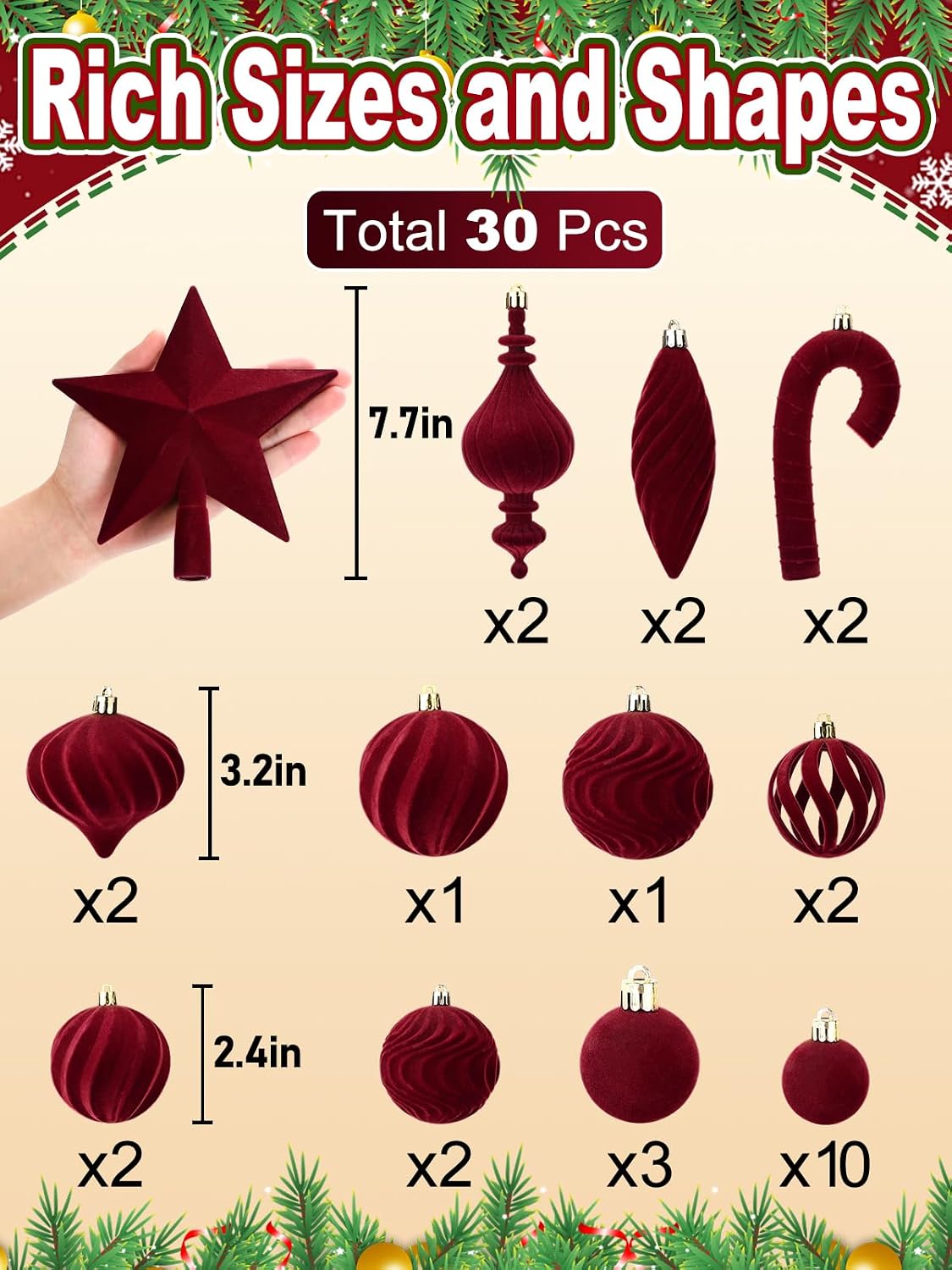 Acostop Burgundy Velvet Star Christmas Tree Topper & Ornaments Set, 30Pcs