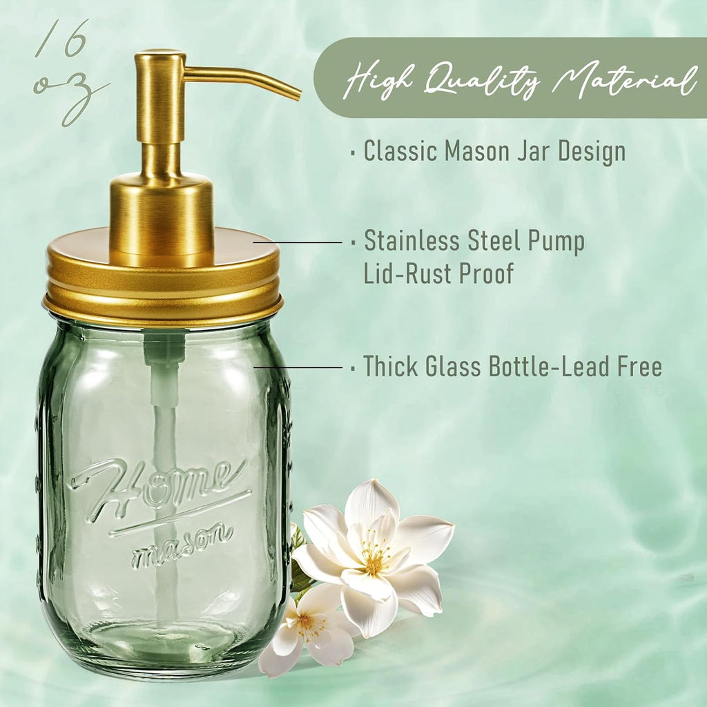SheeChung Green Glass Mason Jar Liquid Soap Dispenser, 16oz, Gold, 2 Pack