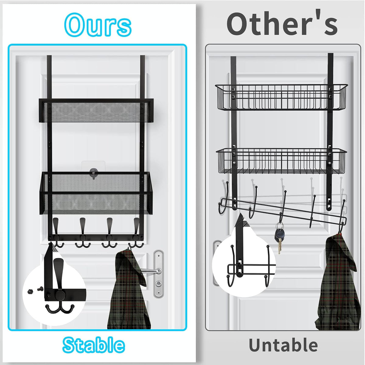 Kaiferty Over The Door Hooks Organizer, Coat Rack Over The Door Storage Hanger Towel Rack, Back of Door Storage Organizer for Bathroom,Bedroom,Kitchen,Office (Black, 3-Tier)