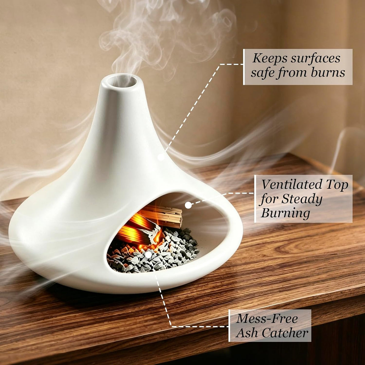 Ceramic Palo Santo Holder Matte White, Mini Chiminea Smudge Bowl Burner with Ash Catcher for Palo Santo Sticks, Incense Cones & Candles, Minimalist for Meditation, Yoga, Cleansing Ceremony, Handmade