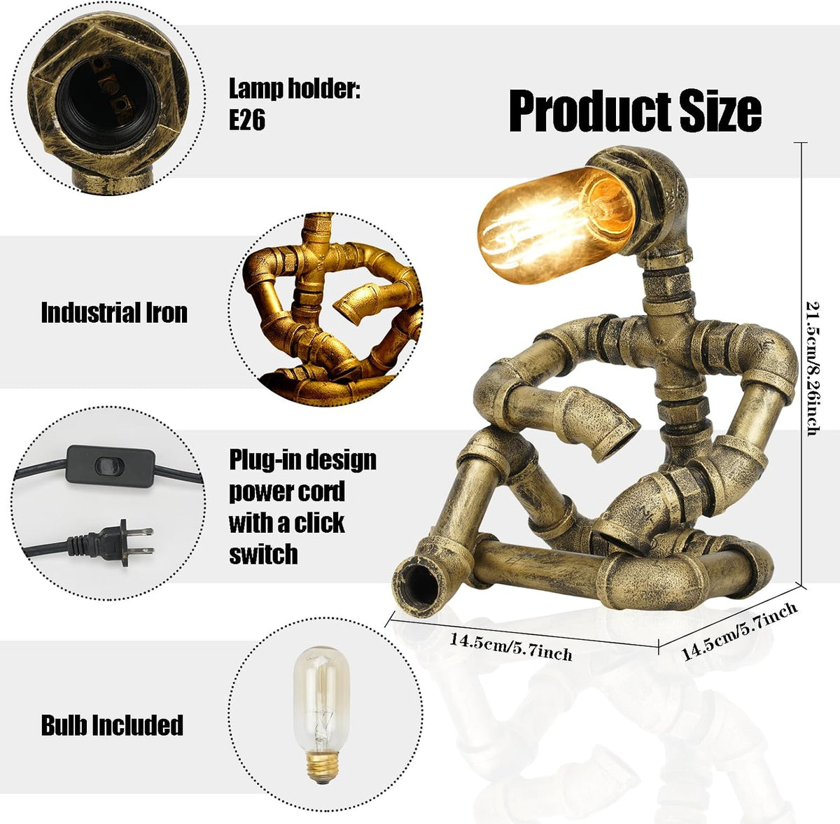 Steampunk Decor Table Lamp for Men Unique Creative Robot Style Desk Lamp,Vintage Industrial Metal Pipe Water Pipe Light, Home Decor Ideal for Bedrooms,Study. (Bronze A)