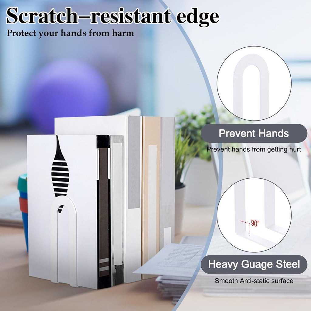 Chunful 6 Pcs White Modern Metal Book Ends for Shelves Decorative Small Bookends Book Shelf Organizer Minimalist Design Stopper to Hold Books for Office (Round)