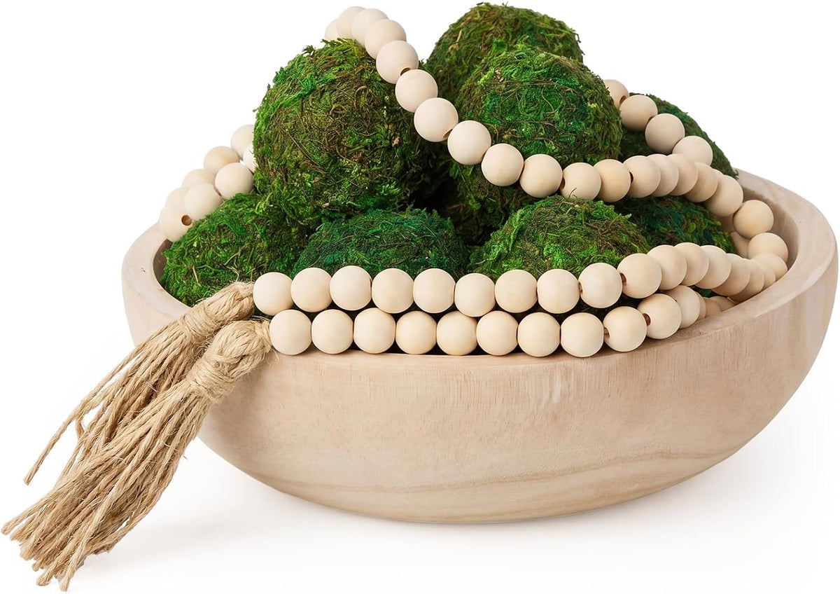 SiliFine 14 Pcs Rustic Table Decor Set, Wooden Bowl with Moss Balls, White
