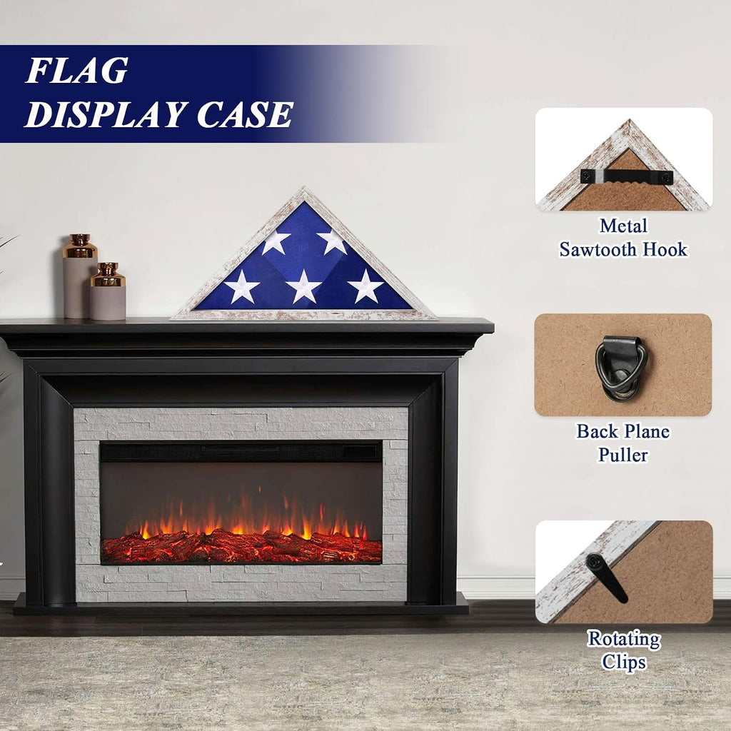 ASmileIndeep Flag Display Case for 3' x 5' Flag, American Flag Shadow Box with HD Tempered Glass and Wall Mount, Folded Triangle Flag Holder Frame for Small Flag (Not for Burial Flag) - Vintage White