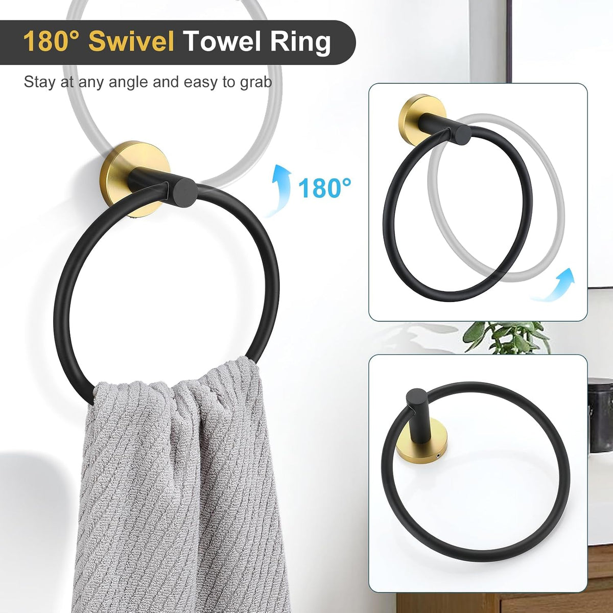 TQKAG Black and Gold Bathroom Hardware Set, 6-Piece Towel Bar Set 23.6 Inch