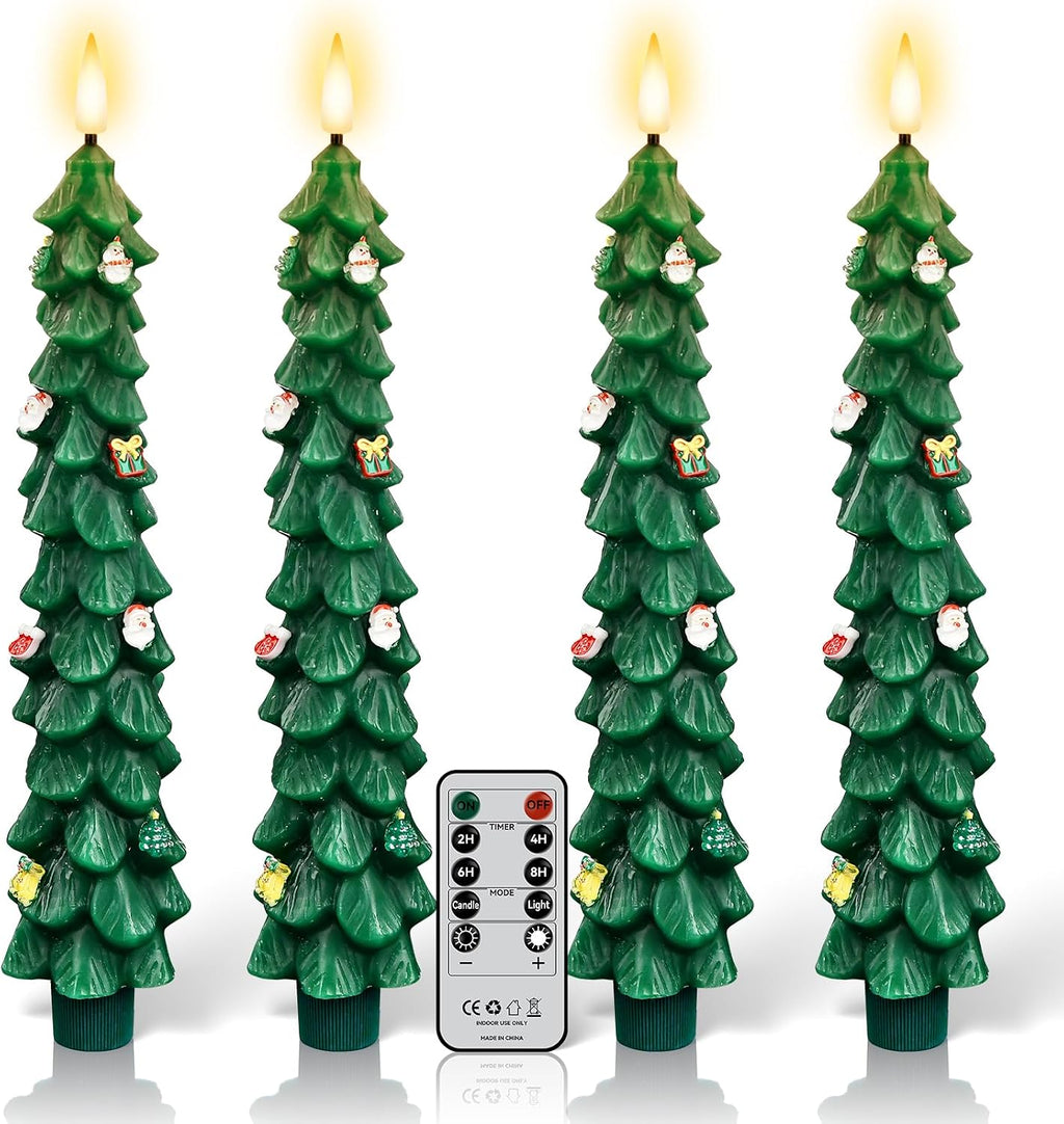Flameless Christmas Tree Candles with Remote, 4 Pack 9.8” LED Battery Operated Taper Candles, Green 3D Sticker Flickering Candlesticks for Holiday Home Decoration