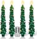 Flameless Christmas Tree Candles with Remote, 4 Pack 9.8” LED Battery Operated Taper Candles, Green 3D Sticker Flickering Candlesticks for Holiday Home Decoration