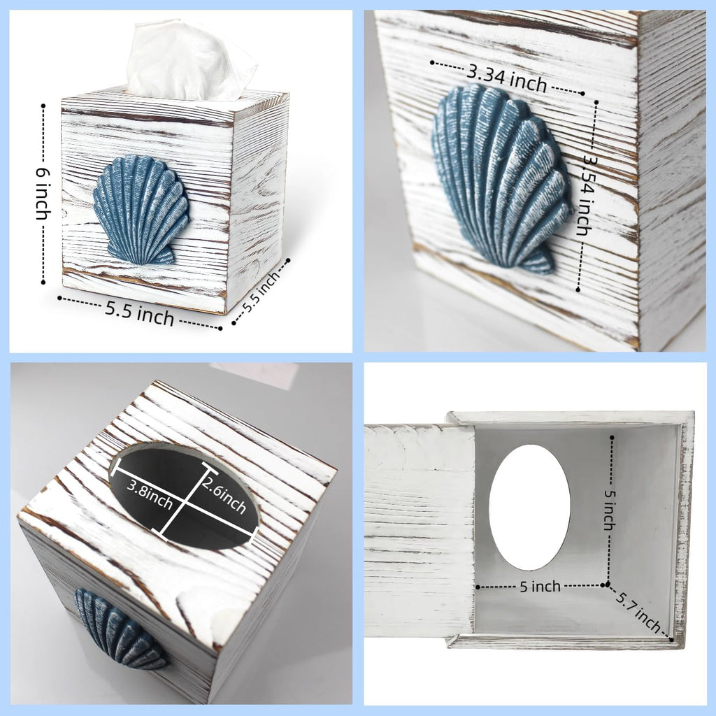 Coastal Tissue Box Cover Wooden Retro with Sliding Bottom Panel Beach Decor for Bathroom Bedroom Living Room,Seashell Decor Suitable for Coastal Gifts Beach House Gifts