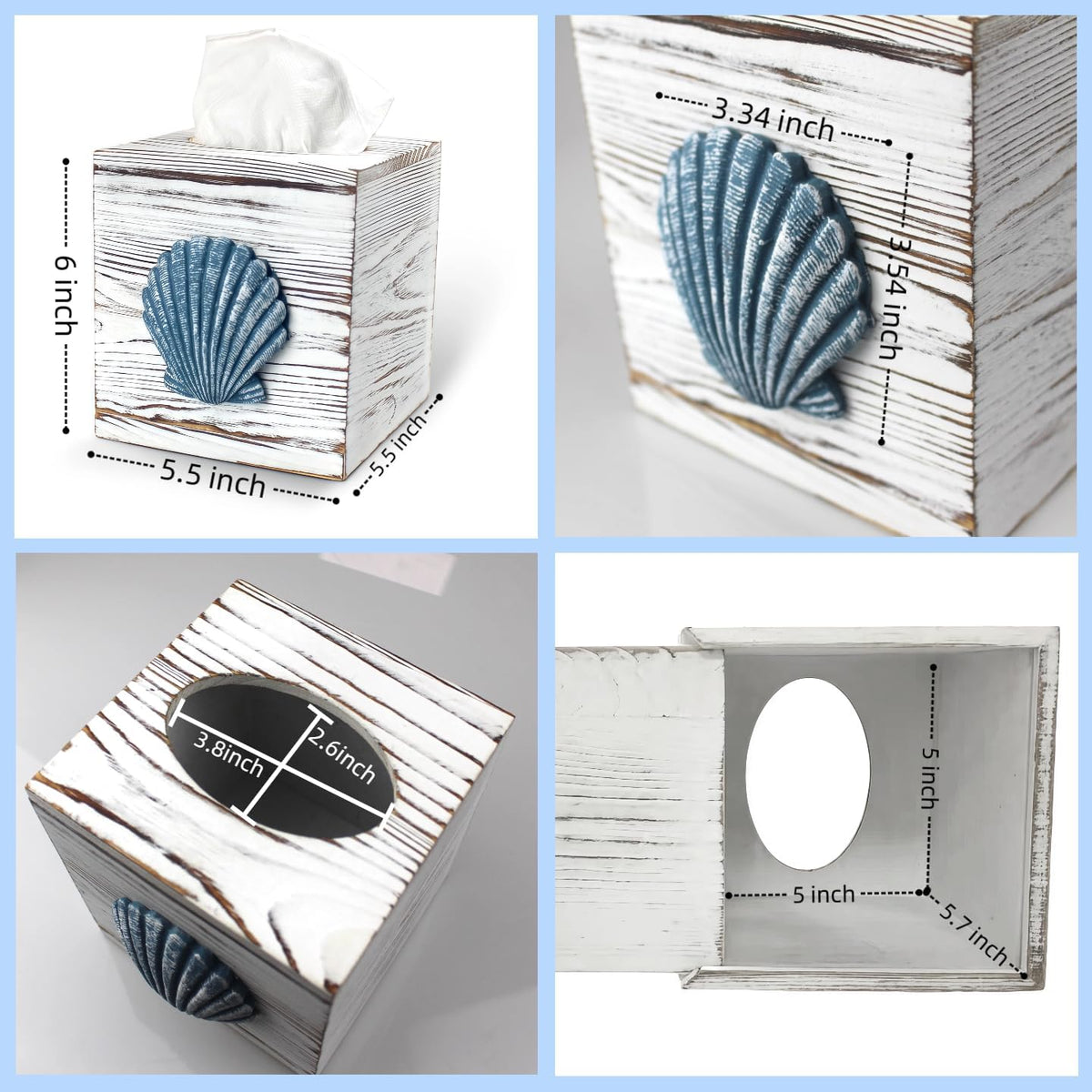 Coastal Tissue Box Cover Wooden Retro with Sliding Bottom Panel Beach Decor for Bathroom Bedroom Living Room,Seashell Decor Suitable for Coastal Gifts Beach House Gifts