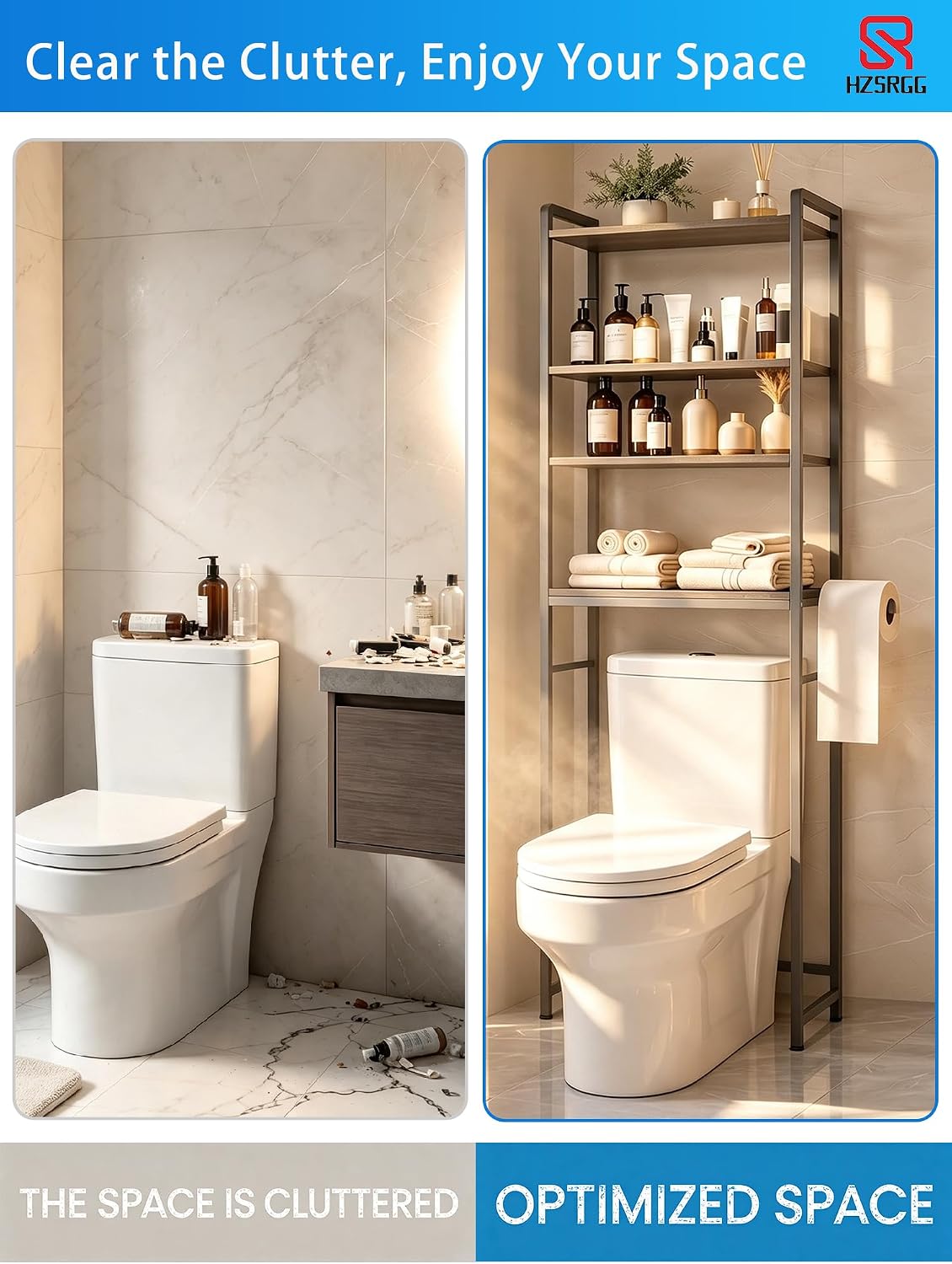 Over The Toilet Storage, 4-Tier Bathroom Organizer with V-Shaped Support & Pre-Welded Frame, Freestanding Rustproof Shelf with Toilet Paper Holder, Heavy Duty, 60" Tall, Grey