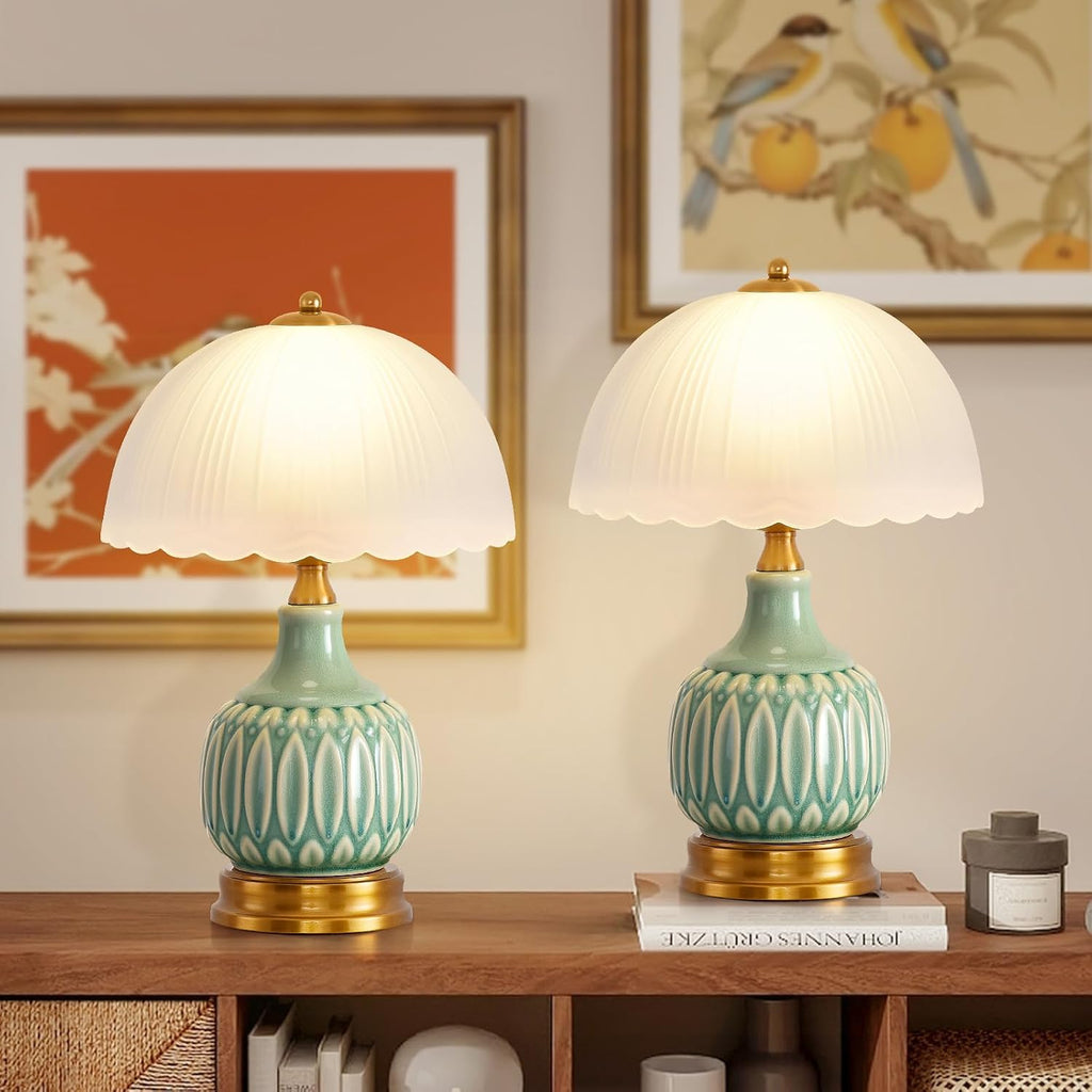 Table Lamps Ceramic Retro Lamp for Living Room,15." Modern Bedside Nightstand Traditional Lamps, Classic Chinoiserie Green Glass Lamp for Home (Retro)