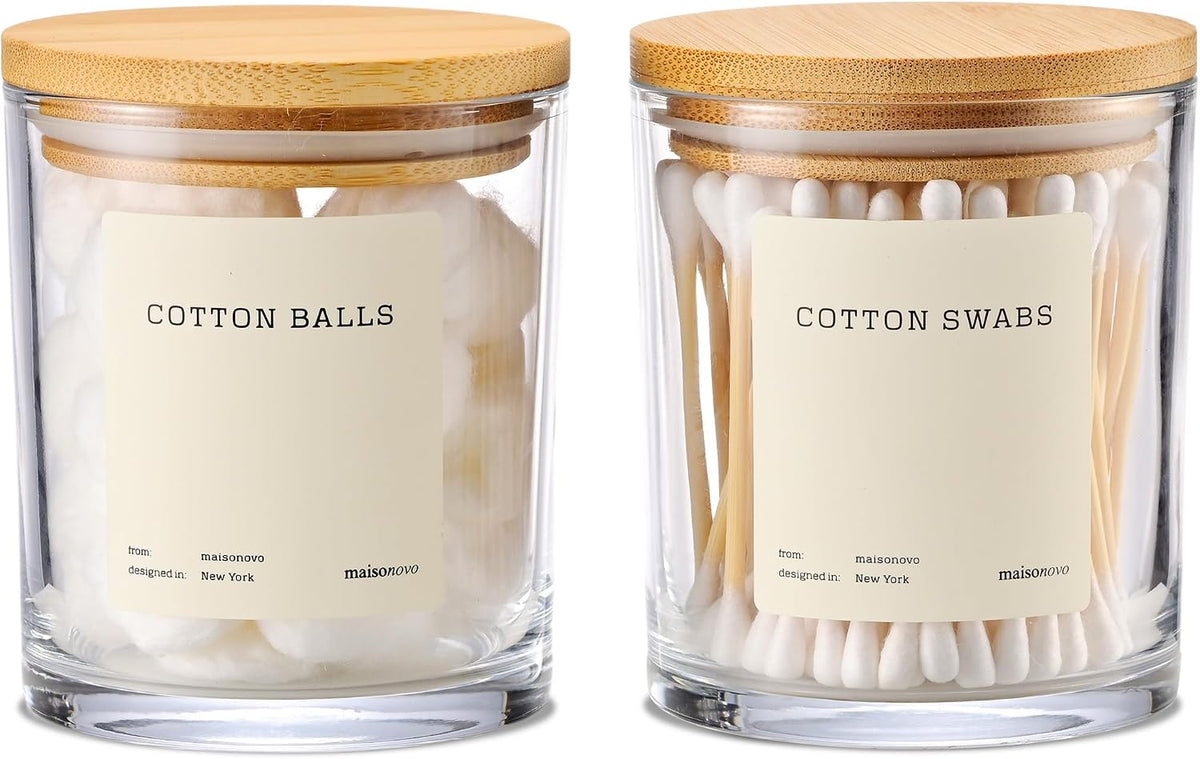 MaisoNovo Glass Bathroom Containers with Lids (Airtight) - Qtip Holder - Apothecary Jars for Cotton Rounds, Swabs, Balls, Pads - Clear Q Tip Dispenser - 2 pcs Bathroom Canisters Set for Organization