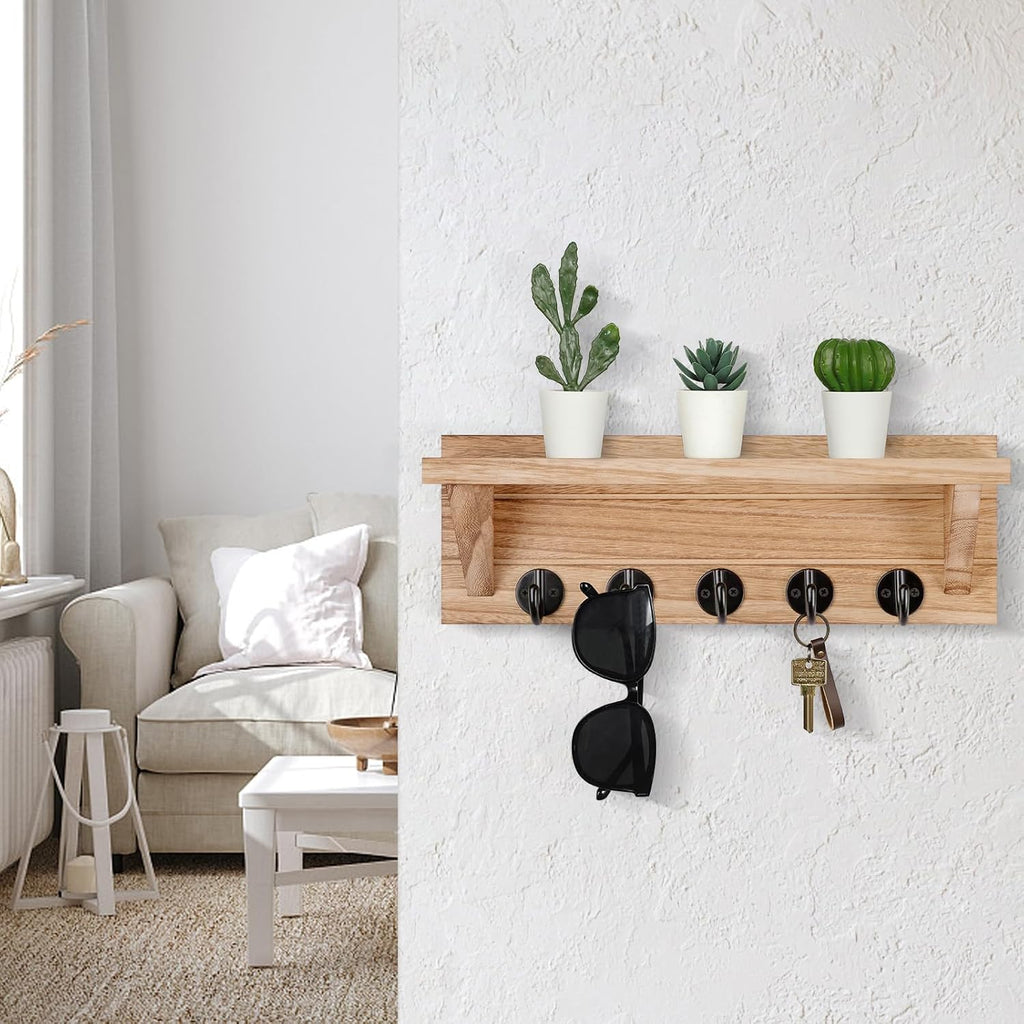 Lwenki Wall Key Holder, Rustic Shelf with Hooks Made of Paulownia Wood Holds Keys, Dog Leash, Bags and More - 13.7" W x 4.7" H x 3.5" D Decorative Key Hanger and Entryway Shelf