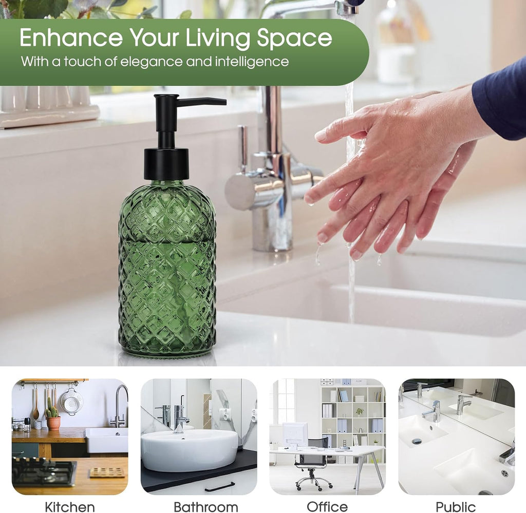 Topsky Gem Glass Soap Dispenser with Black Plastic Pump, 13oz Liquid Hand Soap Dispenser, Rustproof Pump for Kitchen & Bathroom, Great for Lotions, Essential Oil, Liquid Soaps-Army Green