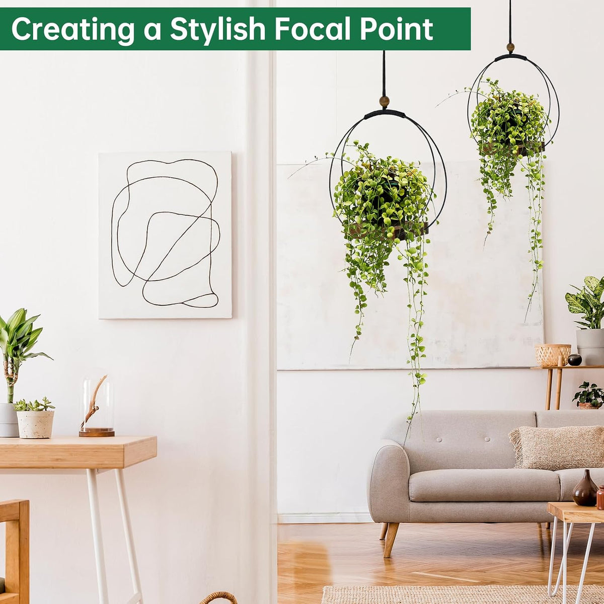 hismocal Hanging Planter for Indoor Plants,Plant Hanger with Sturdy Wood Base & Pot, Modern Boho Macrame Plant Hanger,Wall Ceiling Window Stands(2 Pack+Pots)