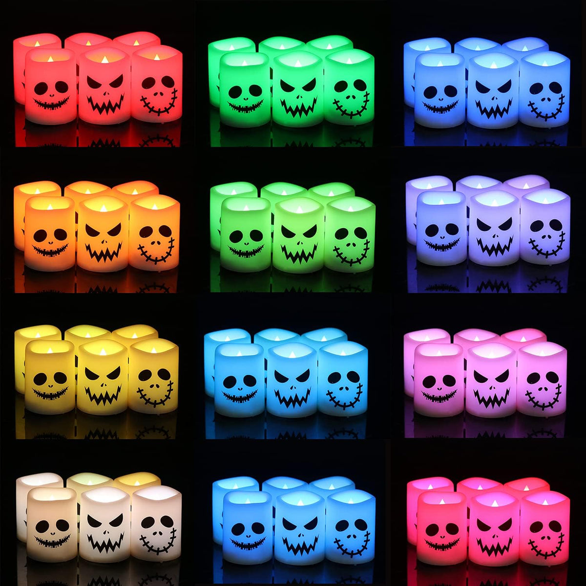 GenSwin Halloween Flameless Candles Color Changing with Remote Timer, Halloween Decorations Ghost Face Battery Operated Tealight Candles, Colorful LED Votive Candles for Home Decor(12 Pack, 1.5” x 2”)