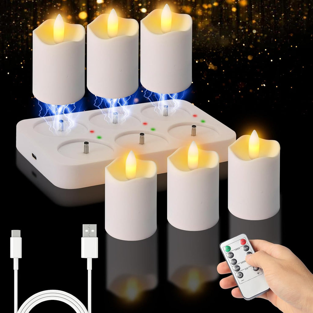 Rechargeable Flameless Tea Lights Candles with Remote Timer, 6 Pack 1.5" x 2.6" LED Candles with Charging Base, Flickering Battery‑Operated Tealights for Home, Wedding, Halloween & Christmas Decor