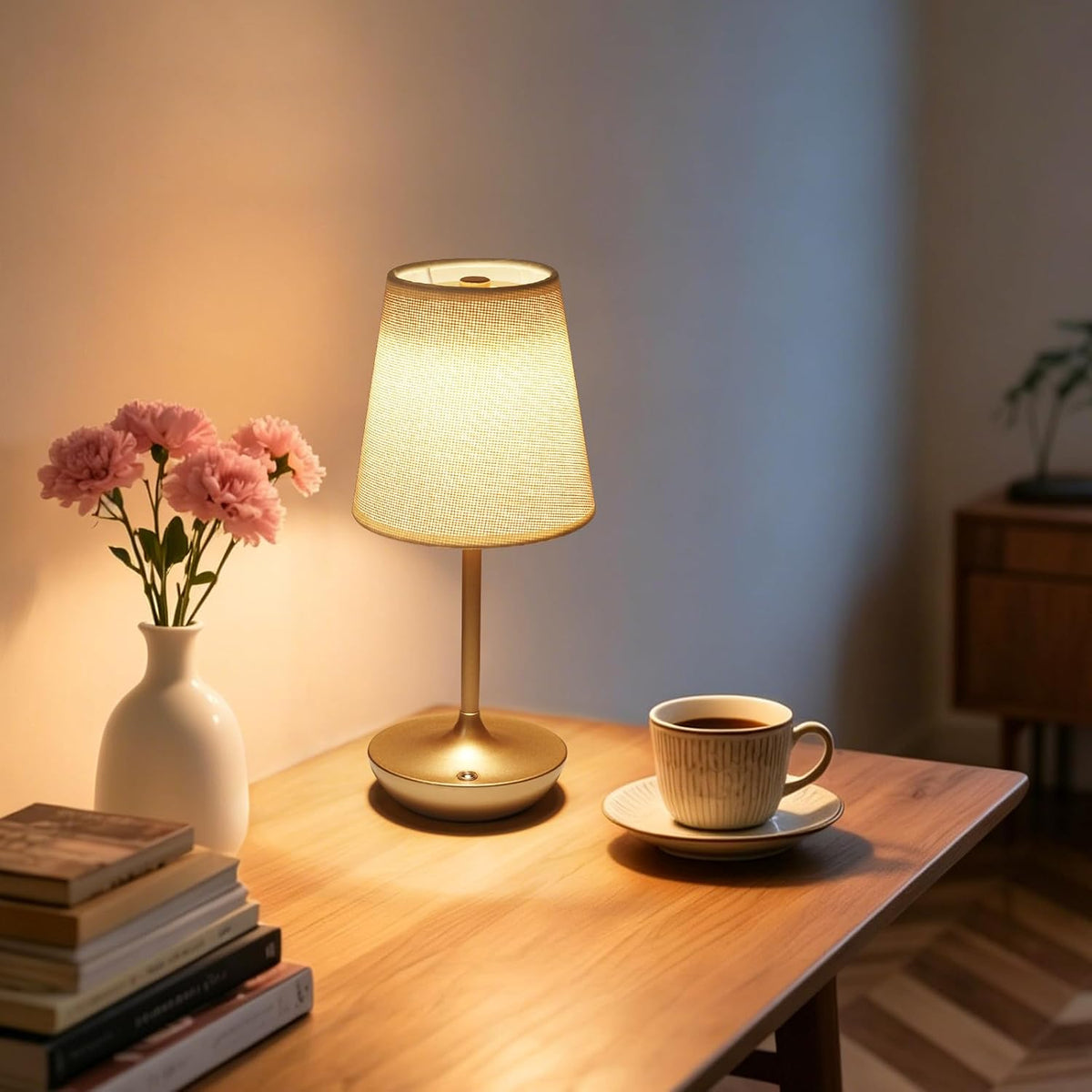 Cordless Table Lamp Rechargeable, Fabric Shade Bedside Lamp