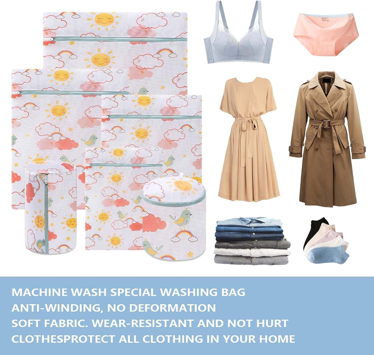 Mesh Laundry Bag Set with Zipper, 6 Sizes for Delicates