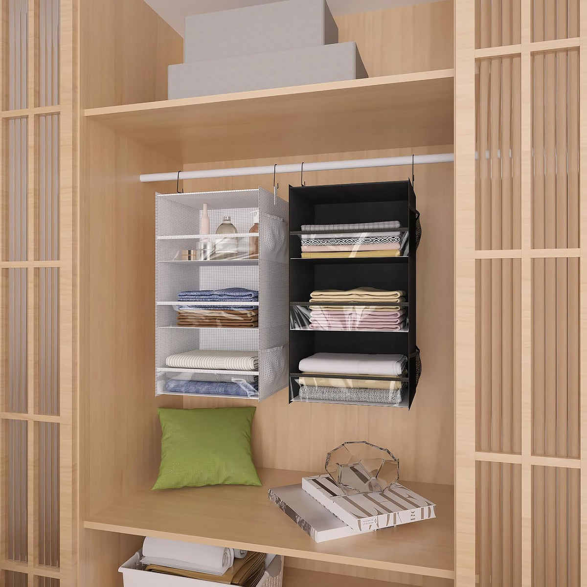 3 Shelf Hanging Closet Organizer Front Lip Design, Wider and Foldable Hanging Closet Wardrobe Storage Shelves with 4 Side Pockes, Clothes Handbag Shoes Accessories Storage, Black