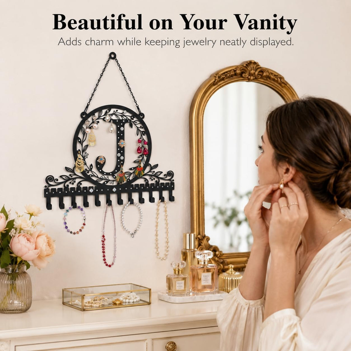 Personalized Wall Mounted Metal Initial Letter J Earring Holder Jewelry Organizer for Earrings and Necklaces Space Saving Wall Display with Hooks Jewelry Storage Bedroom Vanity Gift for Women