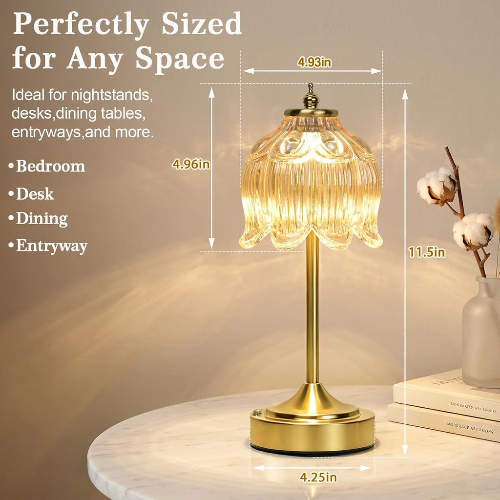 Amber Glass Flower Lamp, Rechargeable Cordless Table Lamp