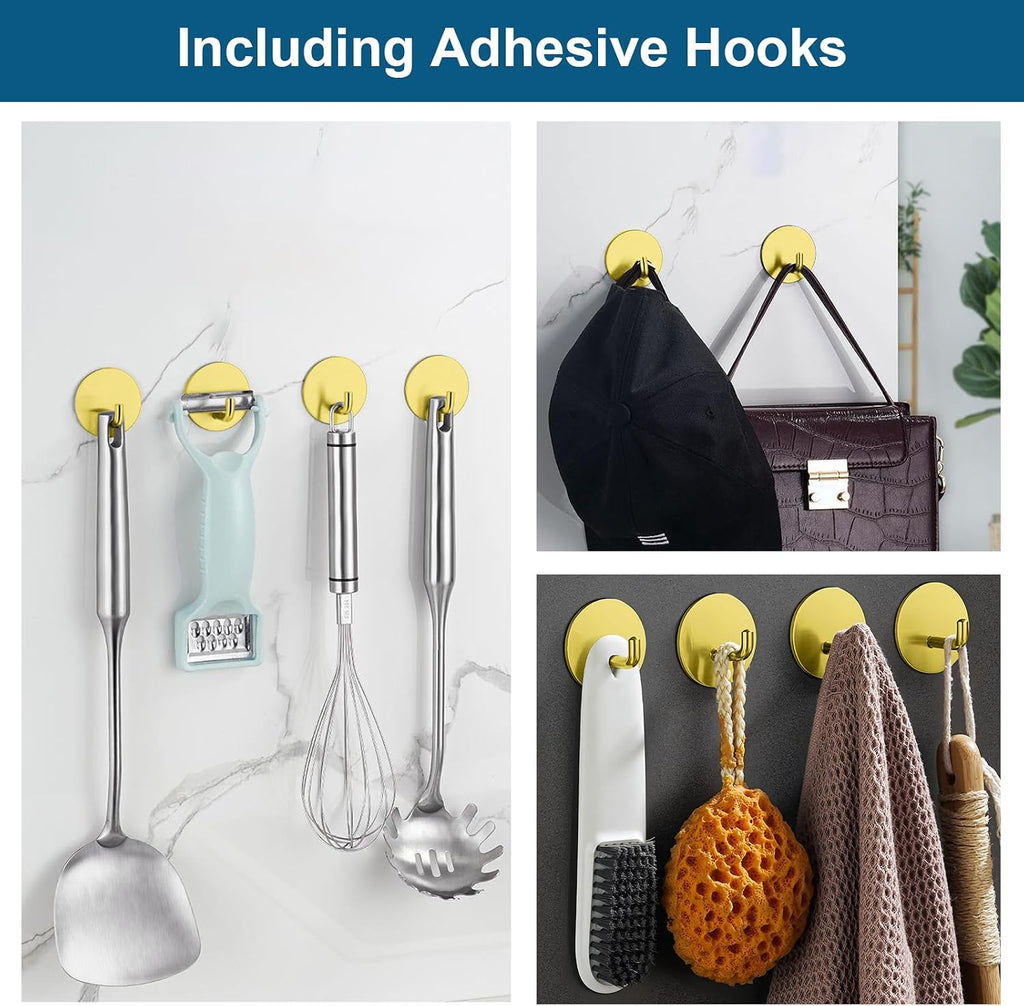 Razor Holder for Shower + Adhesive Wall Hooks, Premium 304 Stainless Steel Shower Razor Holder with Heavy Duty Waterproof Sticky Hooks for Hanging Towels, Coat, hat (4+4 Pack) - Gold