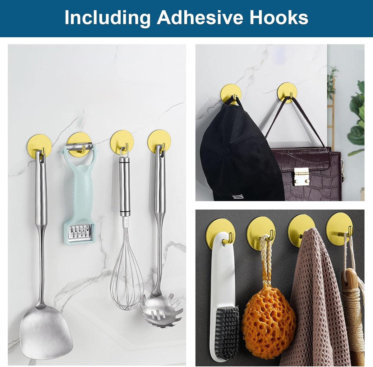 Razor Holder for Shower + Adhesive Wall Hooks, Premium 304 Stainless Steel Shower Razor Holder with Heavy Duty Waterproof Sticky Hooks for Hanging Towels, Coat, hat (4+4 Pack) - Gold