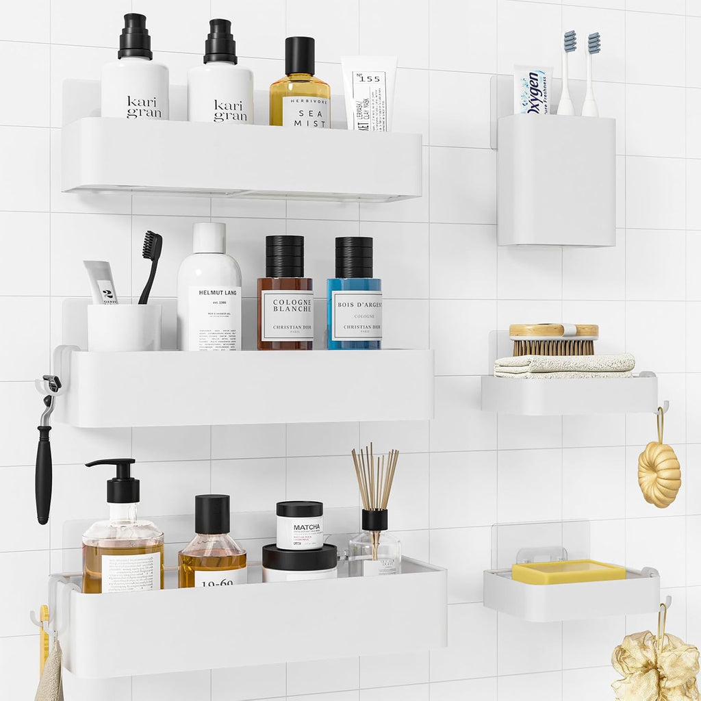 Kitsure Large Shower Caddy - Adhesive 6-Pack Bathroom Shelves, White