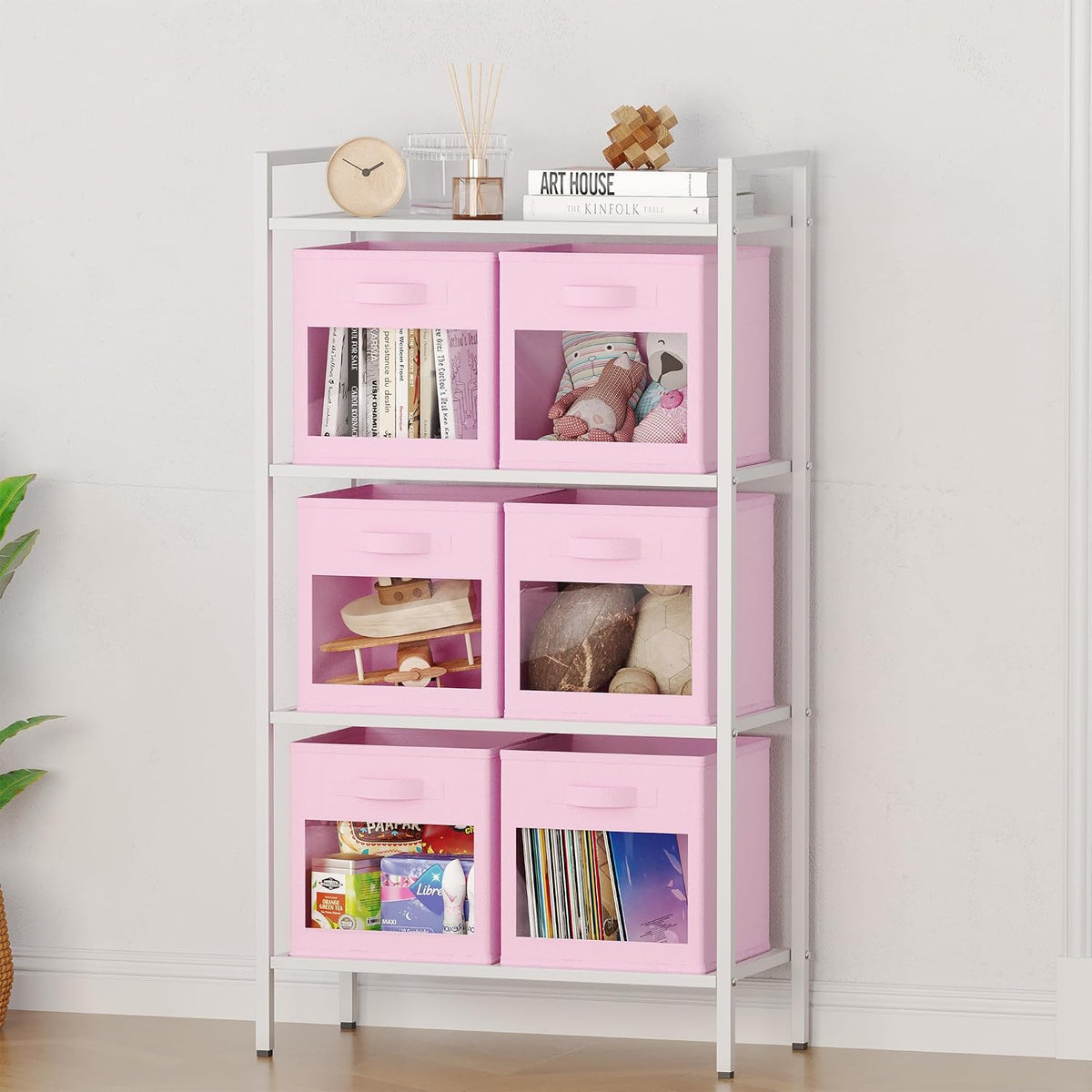SpaceAid Storage Cubes with Clear Windows, Set of 6 Fabric Bins, 11 Inch Foldable Baskets Boxes for Closet, Cubby Shelf or Cube Storage Organizer, Pink