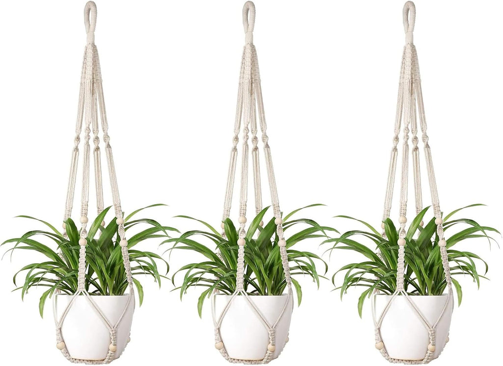 Mkono Macrame Plant Hanger Indoor 35 Inch Hanging Planter Basket Ivory 3Pcs