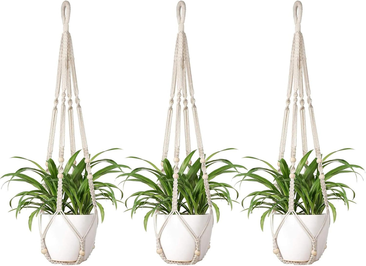 Mkono Macrame Plant Hanger Indoor 35 Inch Hanging Planter Basket Ivory 3Pcs