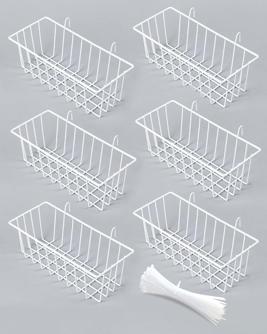 White Wall Grid Panel Hanging Wire Basket, 6 Pack