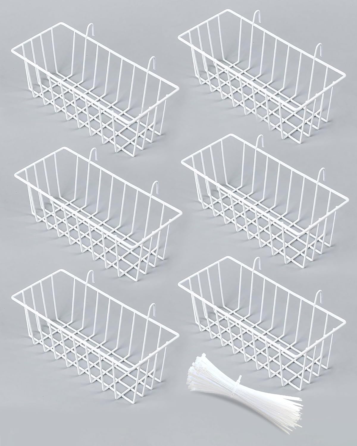 White Wall Grid Panel Hanging Wire Basket, 6 Pack