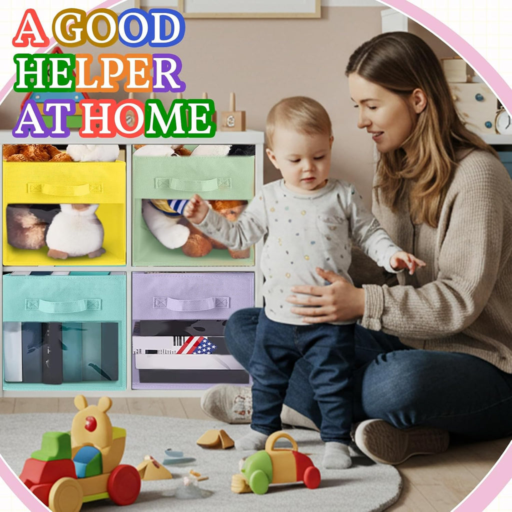 Marsui 12 Pcs Clear Cube Storage Bins Pink Collapsible Kids Storage Bins Fabric Classroom Organizer with Window for Kid Playroom Room Daycare Nursery(Pastel)