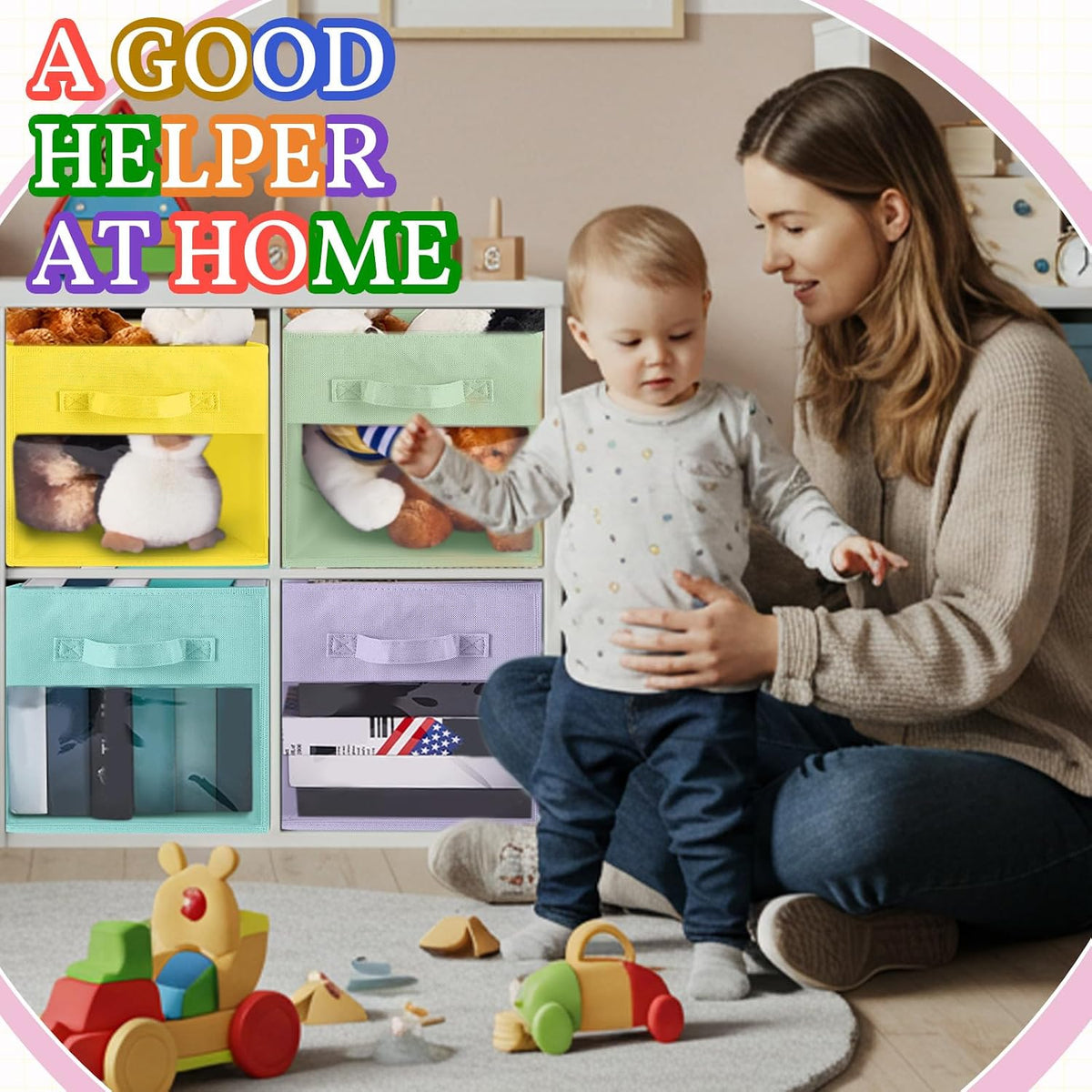 Marsui 12 Pcs Clear Cube Storage Bins Pink Collapsible Kids Storage Bins Fabric Classroom Organizer with Window for Kid Playroom Room Daycare Nursery(Pastel)