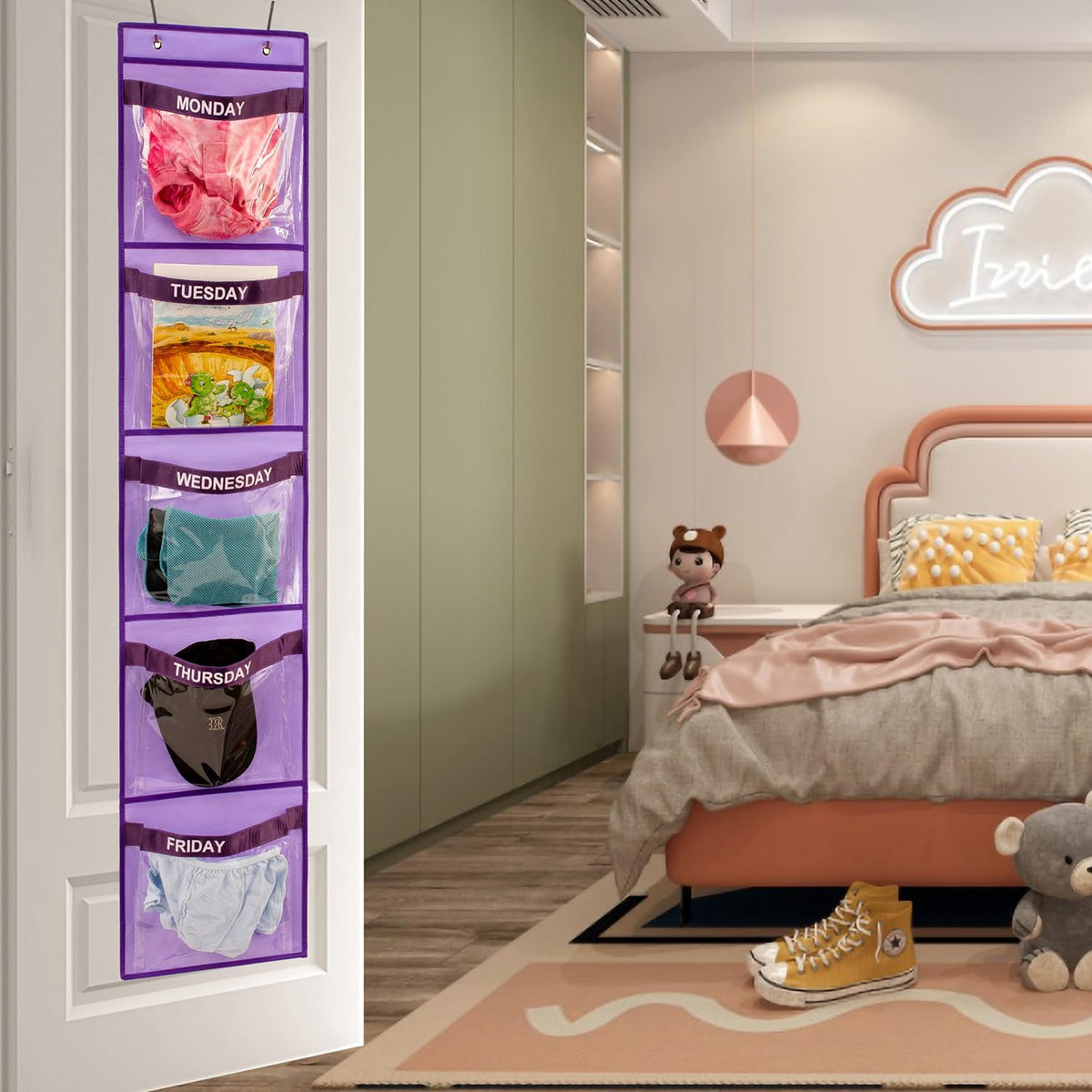 2 Pcs Day of Week Clothing Organizer Monday to Friday School Clothes Organizer for Kids Weekly Hanging Closet Organizer (Purple)