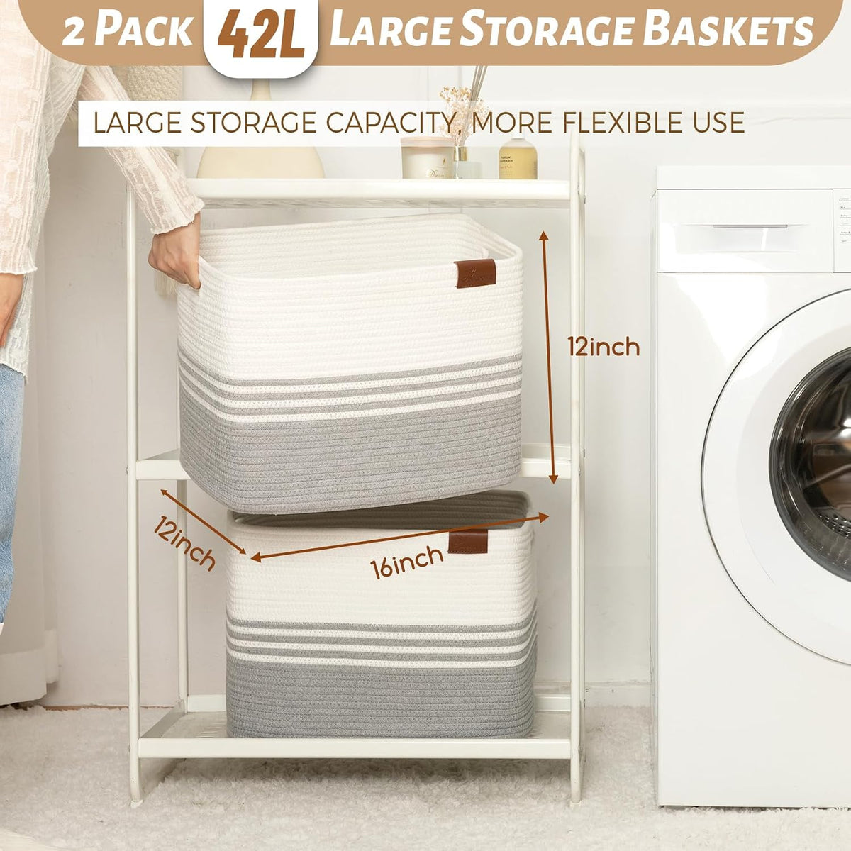 Storage Baskets, 42L*2 Pack Storage Baskets for Organizing, Laundry Basket for Closet, Cotton Rope Blanket Basket for Storage, Toy Storage Basket for Living Room, Laundry Room, Bedroom-Grey
