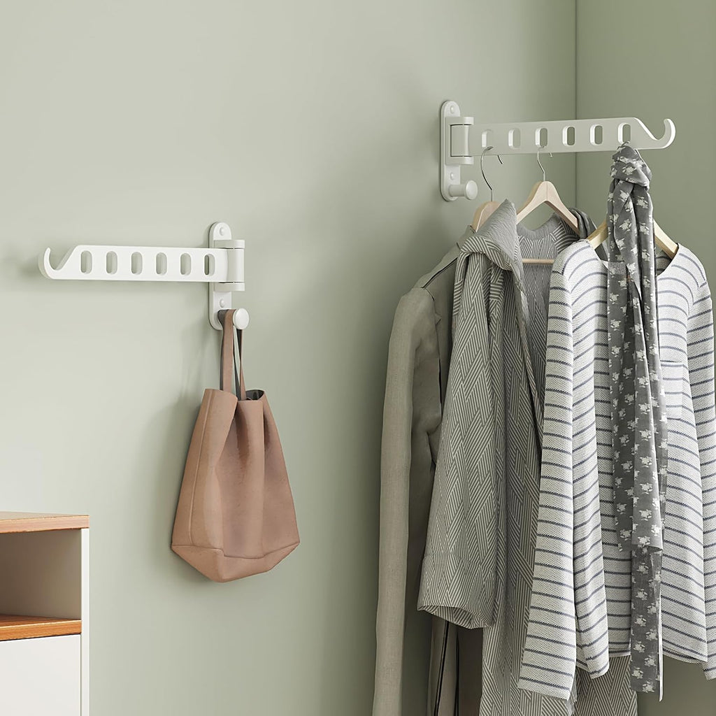 Laundry Drying Rack Wall Mounted - Swing Arm Clothes Hanger with 6-Hole, 180° Rotation Coat Hanger Holder, Foldable Valet Hook for Laundry Closet (2-Pack, White)