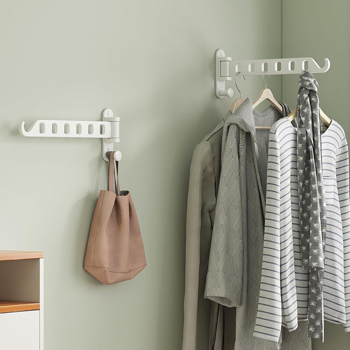 Laundry Drying Rack Wall Mounted - Swing Arm Clothes Hanger with 6-Hole, 180° Rotation Coat Hanger Holder, Foldable Valet Hook for Laundry Closet (2-Pack, White)