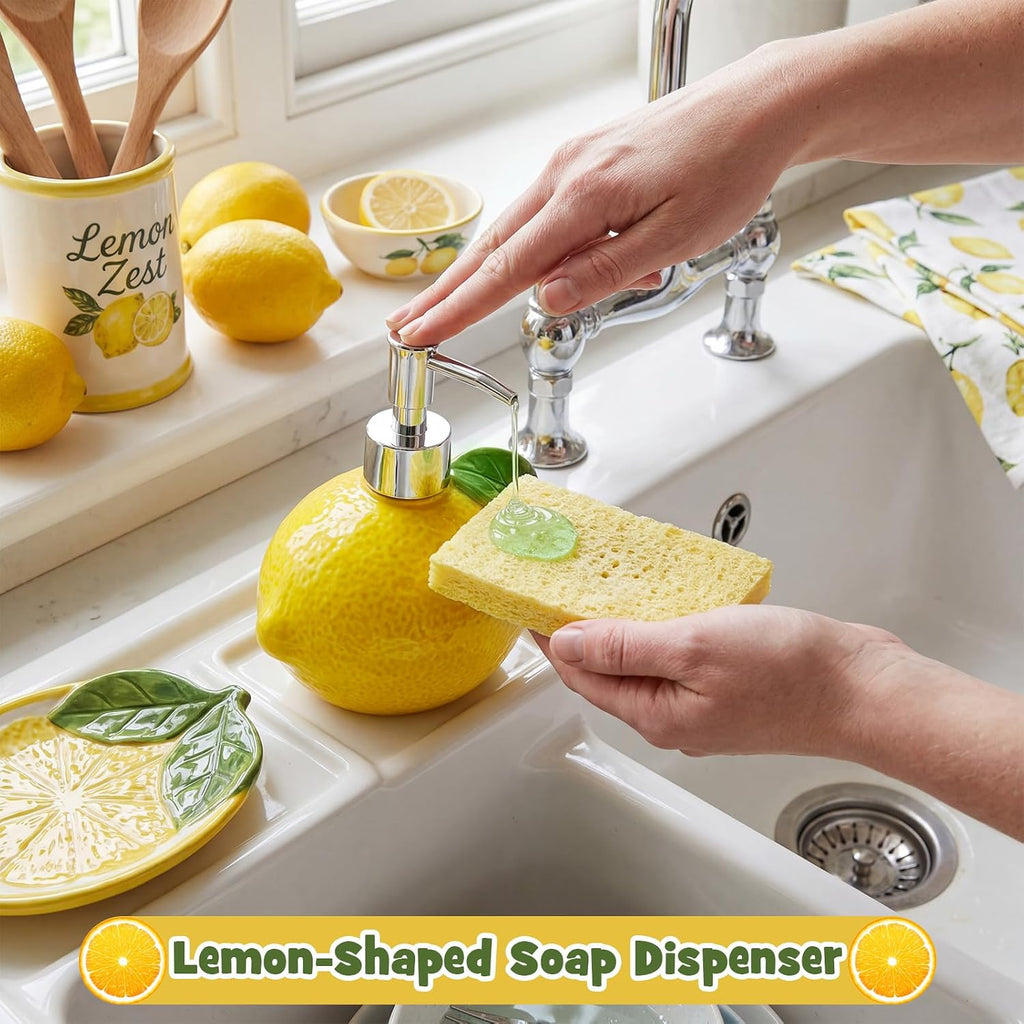 4 Pcs Lemon Kitchen Decor Ceramic Soap Dispenser Set
