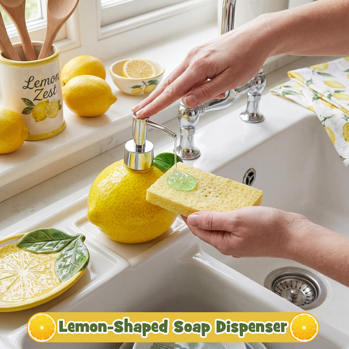 4 Pcs Lemon Kitchen Decor Ceramic Soap Dispenser Set
