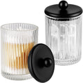 SheeChung 2 Pack Ribbed Glass Qtip Holder with Black Metal Lids