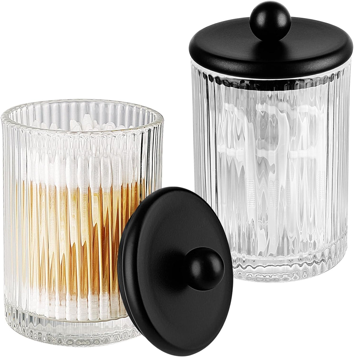 SheeChung 2 Pack Ribbed Glass Qtip Holder with Black Metal Lids